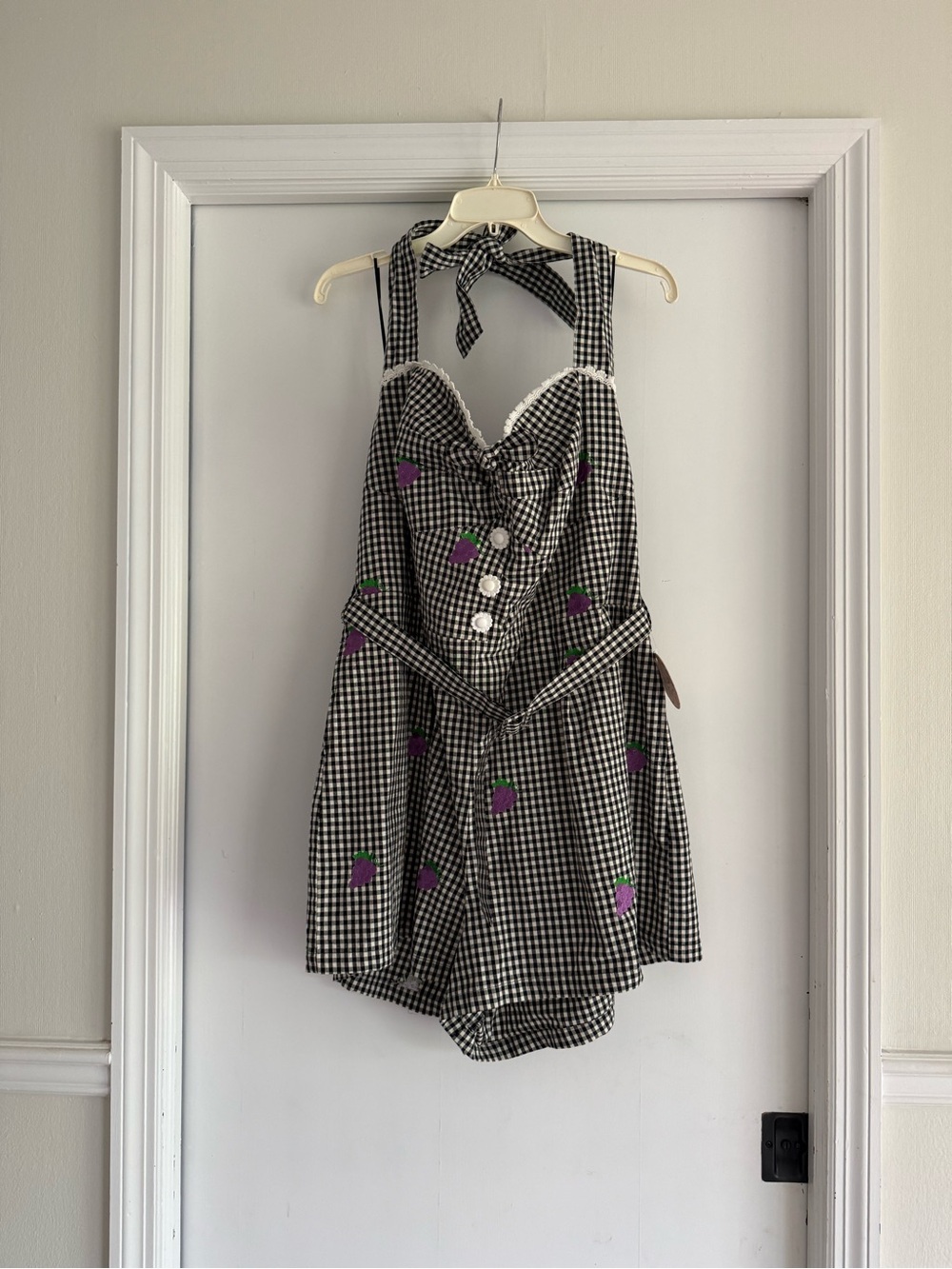NWT Gingham Halter Romper/Playsuit with Purple Grape Embroidery